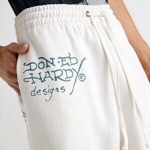 Ed Hardy Mens Large Ivory White Fleece Sweats Flaming Skull Joggers XL